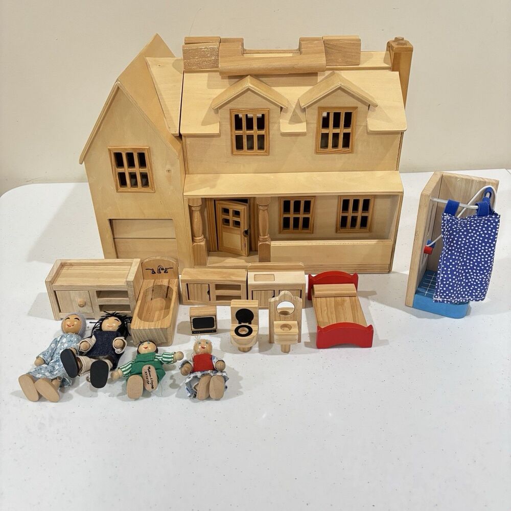 VTG MELISSA DOUG Fold & Go Dollhouse Furniture Dolls Wooden Portable Montesori